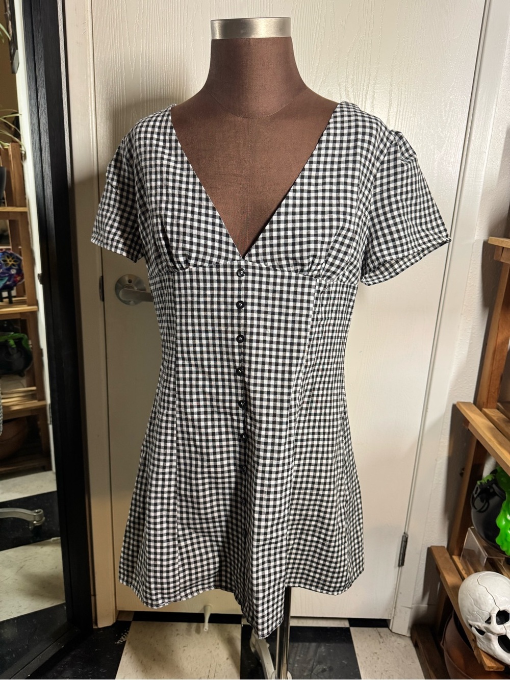 Black & White Gingham V-Neck Mini Dress